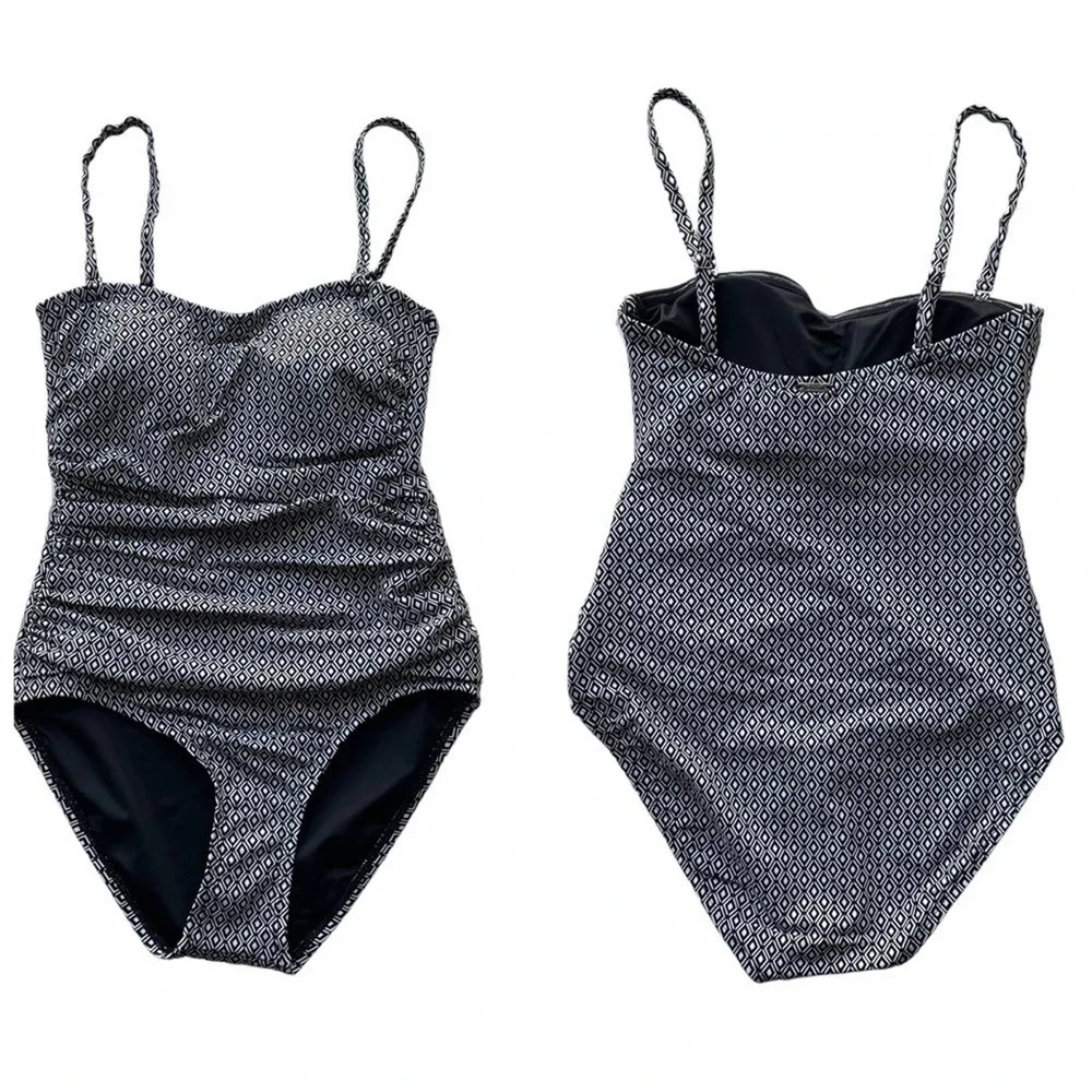 DKNY Swimsuit One Piece Black White Geo Small Bandeau UPF SPF Stretch Straps - Picture 7 of 7